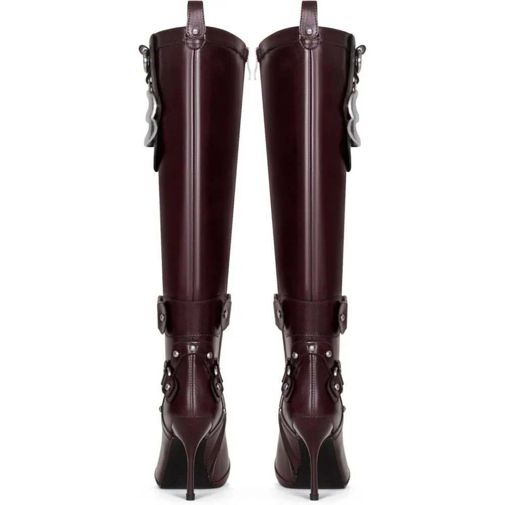 Women's Burgundy Pointed Toe Slim Calf Sexy Stiletto High Heel Long Tall Boots